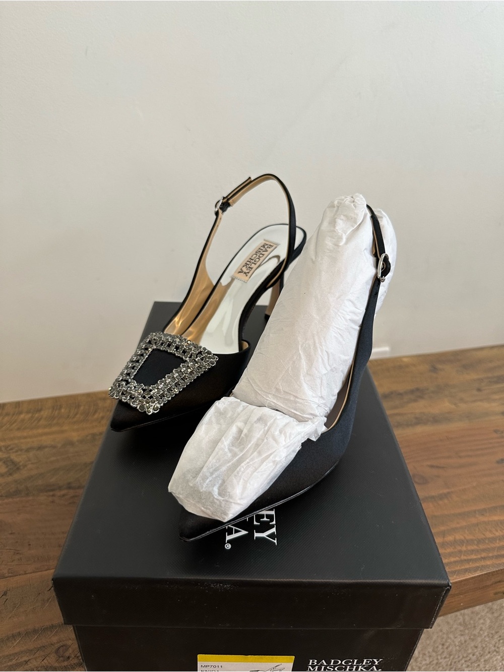 Badgley Mischka Black Satin Slingback Heels with Crystal Buckle - Picture 3 of 5